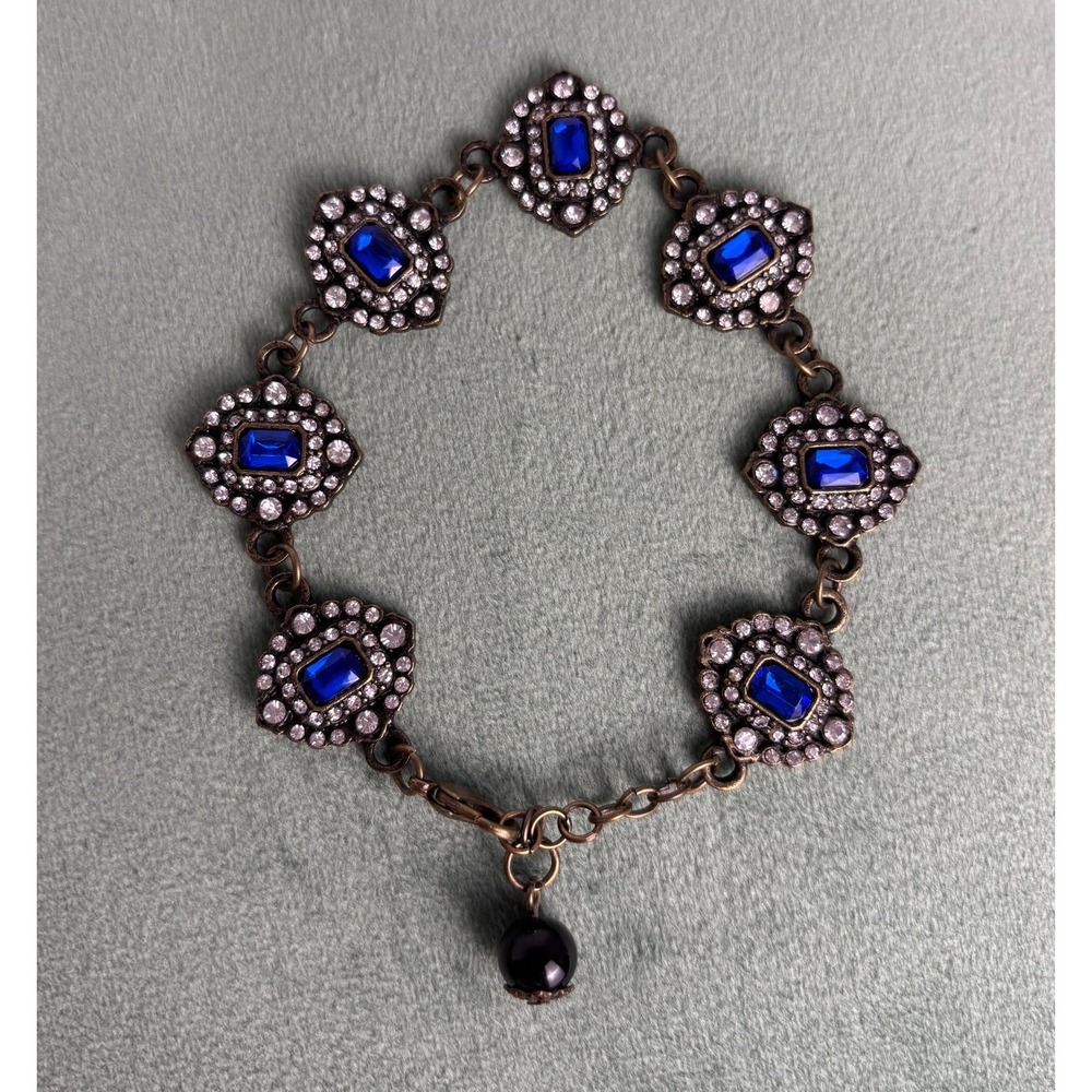 Lovely Blue Crystal Rhinestone Graceful Dainty Gold‎ Tone Bracelet Handmade P068